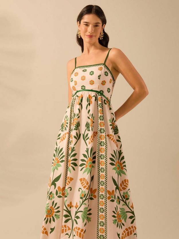 Sheetal Associates Women Fit and Flare Beige, Green Dress