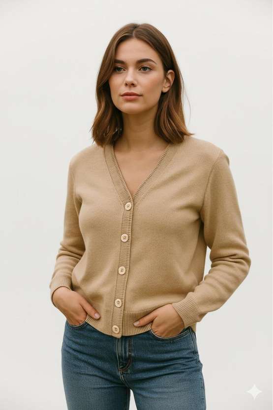 NATRIS V Neck Casual Women Cotton Blend Beige Cardigan